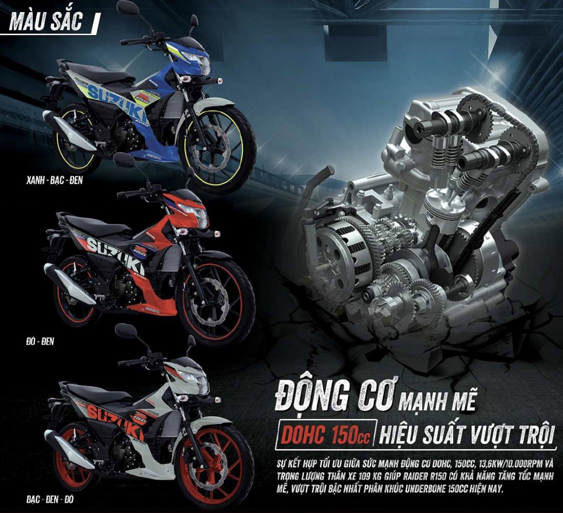 Suzuki Raider R150 Fi thiết kế đậm chất thể thao đặc trưng của dòng xe Suzuki Underbone, cải tiến vượt trội trong phân khúc xe côn tay 150cc.